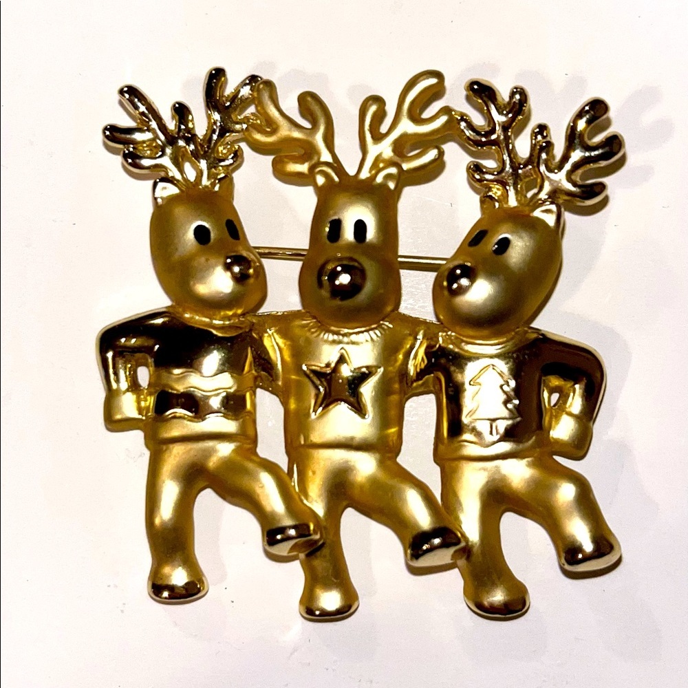 AJC Vintage Pin Brooch Gold Tone Three dancing reindeer’s wearing sweaters 2”X2”